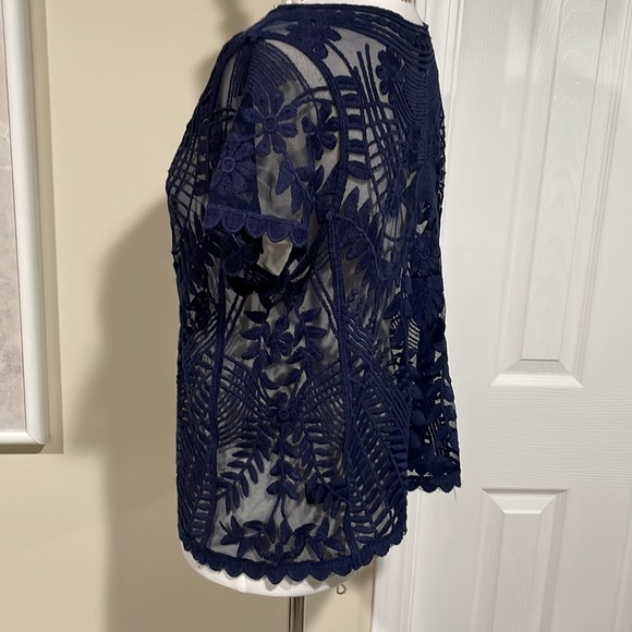Express sheer unlined floral top in navy blue. - Picture 4 of 9